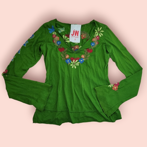 Johnny Was Embroidered Green Peace Bell Ling Sleeve V NeckShirt JW